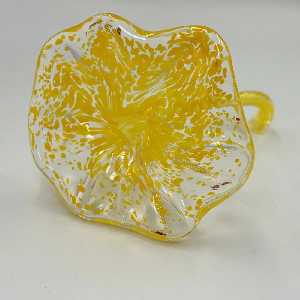 Vibrant Yellow Speckled Hand Blown Art Glass Flower Open Base Bud